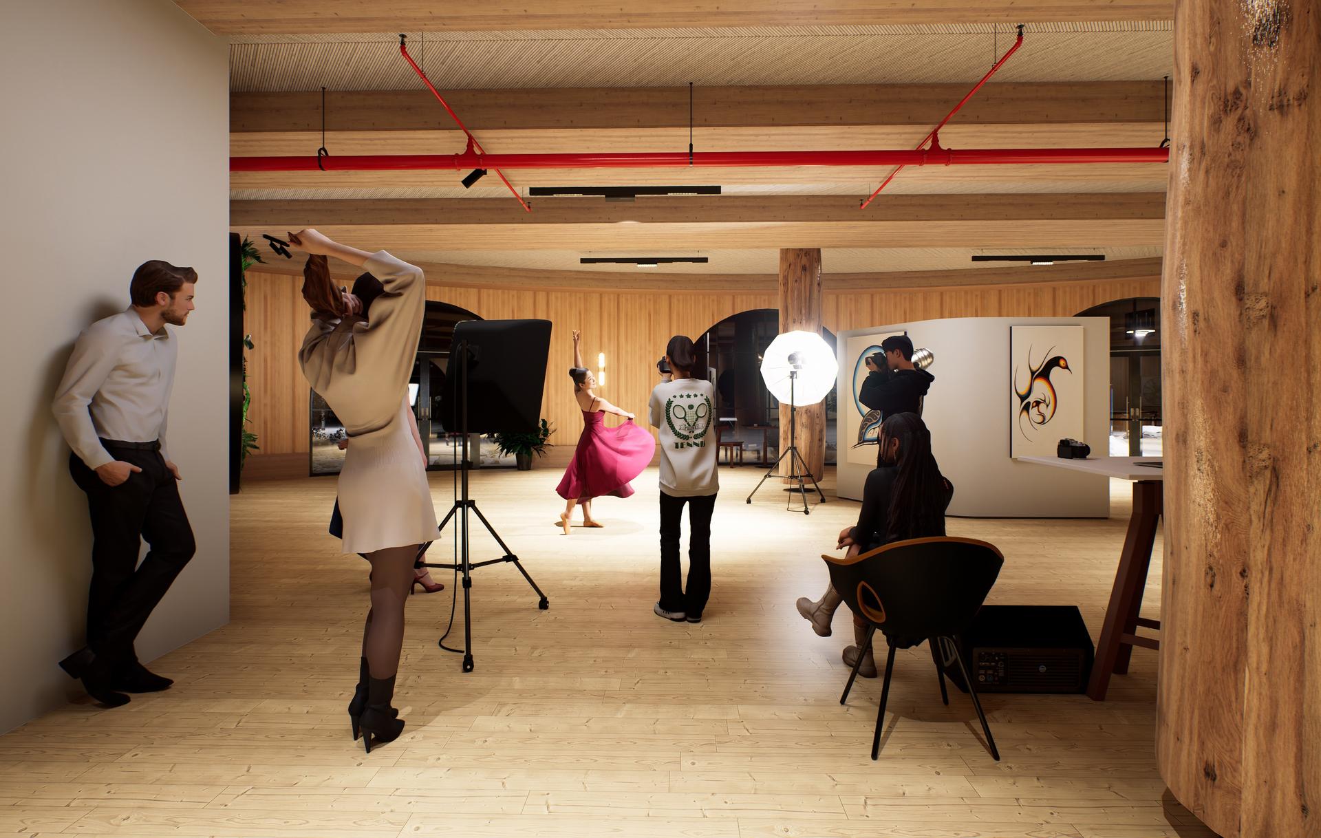 Render of a photoshoot featuring a dancer in a dress surrounded by Indigenous art, at the proposed Ginawaydaganuc Village