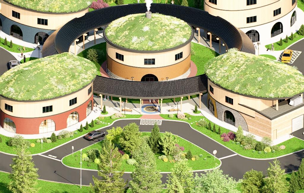 A render of the Ginawaydaganuc Village development project, featuring a cluster of oval grass-roofed pavillions designed with Indigenous-inspired architecture