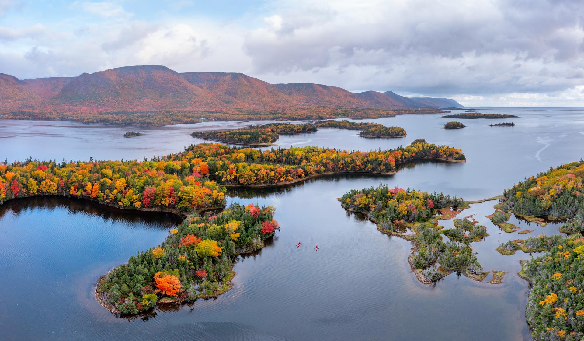 Panoramic view of a chain of small islands at the proposed Cape Smokey site in Cape Breton, Nova Scotia