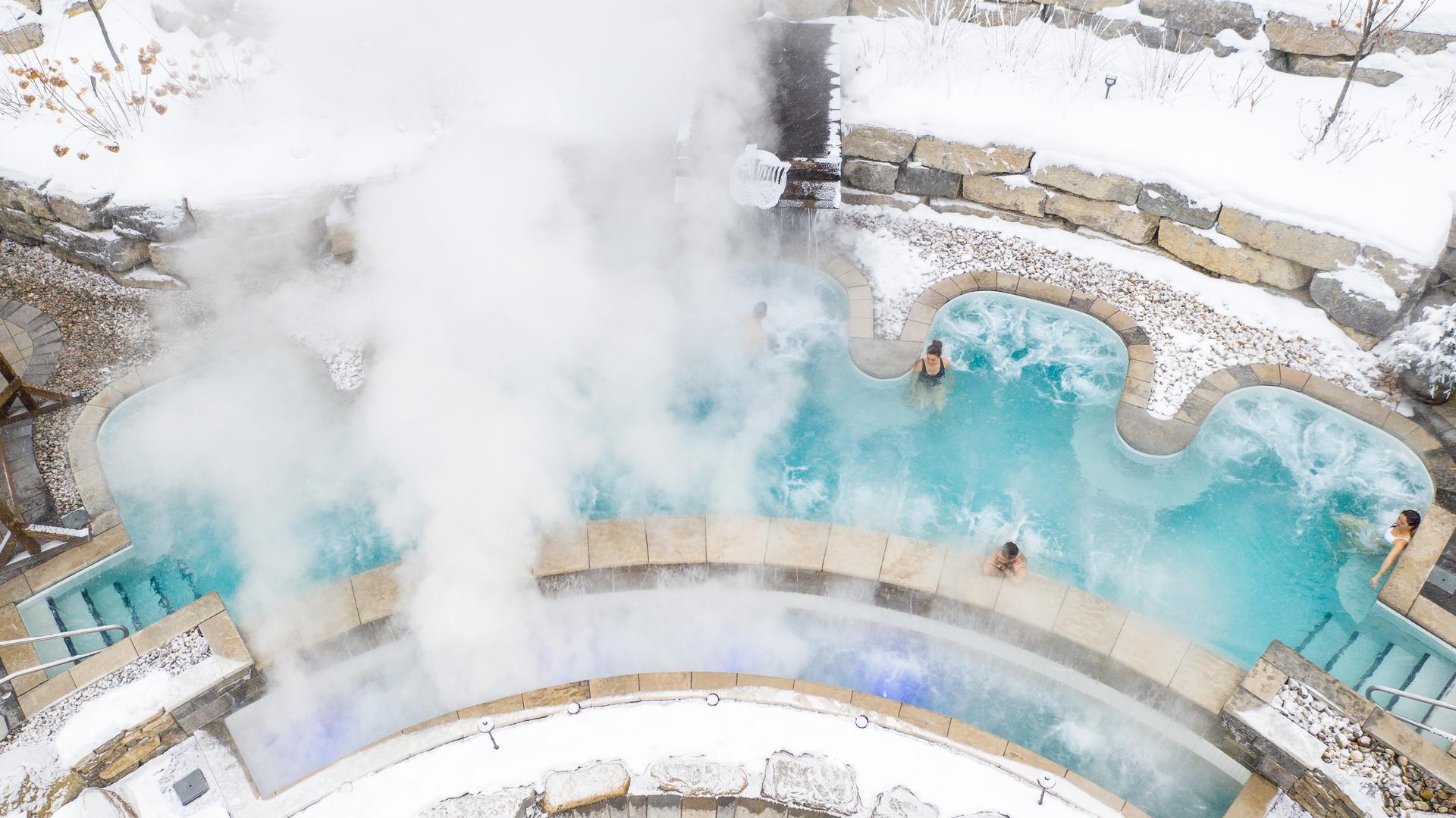 An overhead view of pools at Scandinave Spa