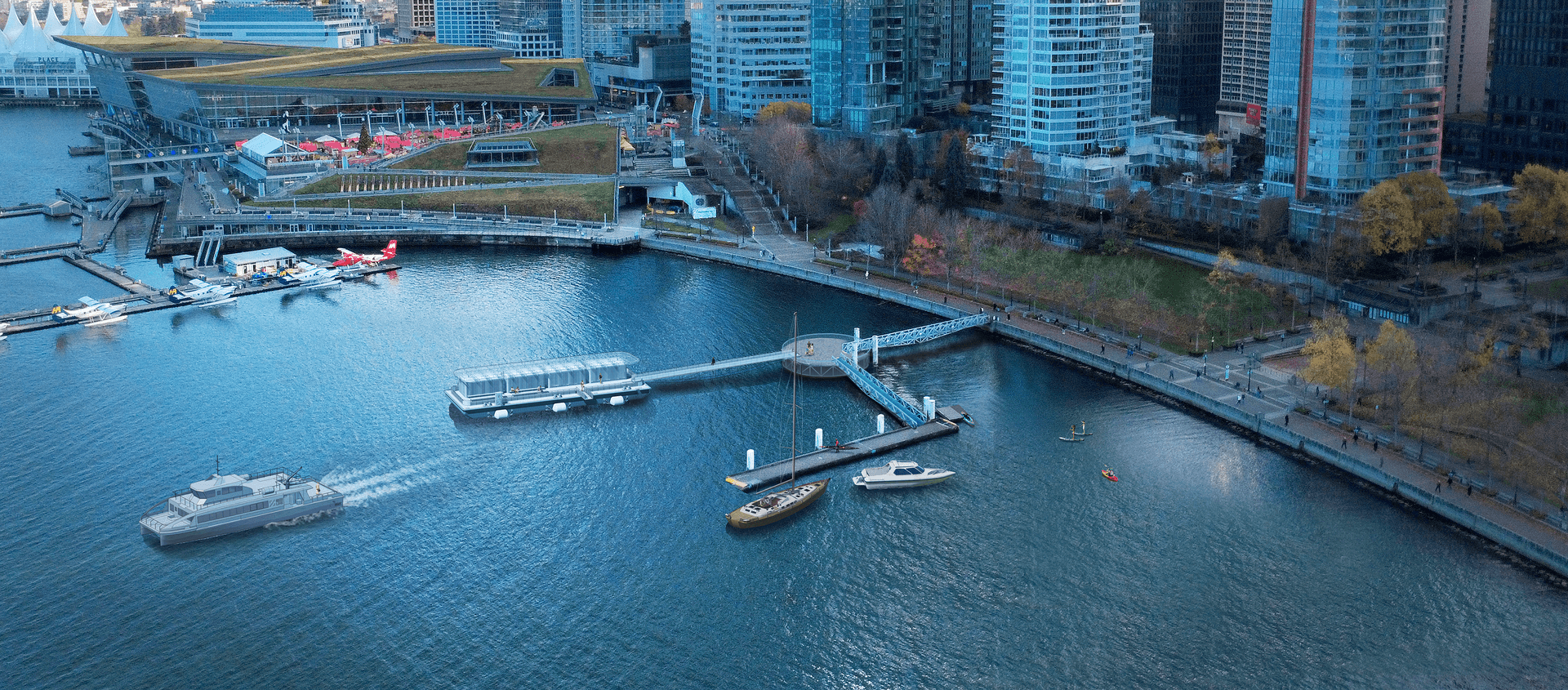 Aerial rendering of a floating ferry terminal along Vancouver’s waterfront, with the convention centre and downtown skyline in the background