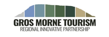 Logo for Gros Morne Tourism Regional Innovative Partnership, featuring a stylized depiction of a landscape with a series of colored vertical bars representing different sections of terrain above the text.