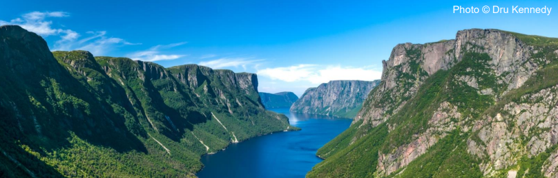  a stunning view of a deep blue fjord surrounded by steep, green cliffs under a clear blue sky.