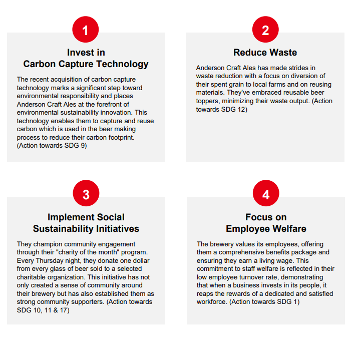 Four sustainability practices of Anderson Craft Ales: investing in carbon capture technology, reducing waste, implementing social sustainability initiatives, and focusing on employee welfare.