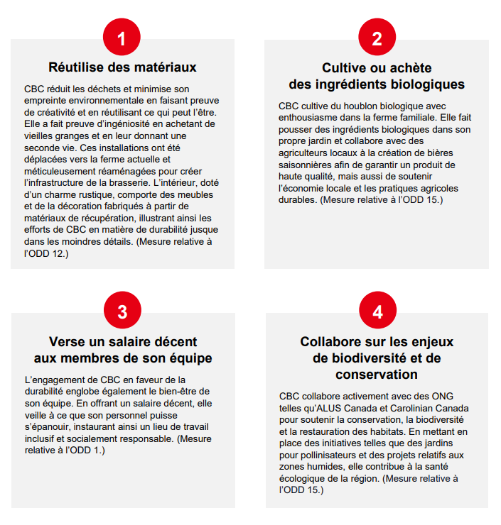 Four Sustainability Practices: Repurposing materials, using organic ingredients, paying a living wage, and collaborating on biodiversity and conservation.