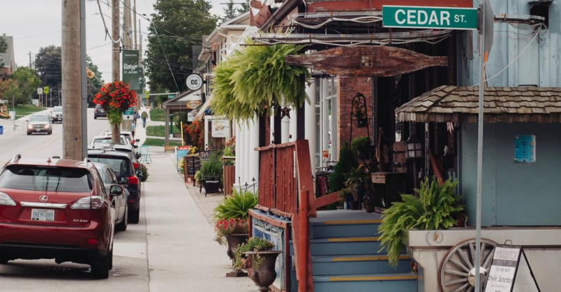 A charming small-town street scene featuring parked cars, vibrant hanging plants, and a sign indicating "Cedar St."