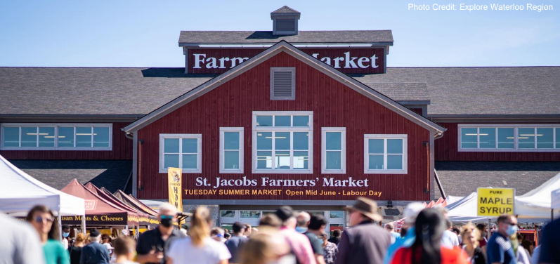 The image shows a bustling St. Jacobs Farmers' Market with people milling around various stalls, set against the backdrop of a large red barn-style building that reads "St. Jacobs Farmers' Market" and details about the market's seasonal schedule.