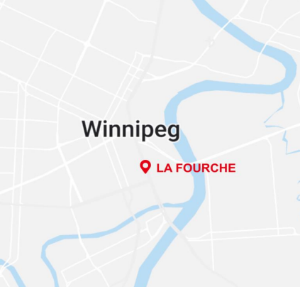 A simple map shows Winnipeg with a red marker indicating the location of "The Forks" near a river confluence.