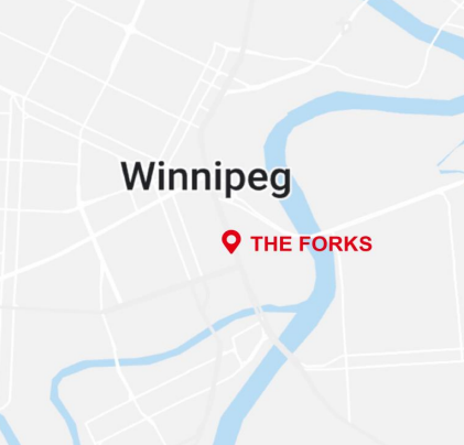 A simple map shows Winnipeg with a red marker indicating the location of "The Forks" near a river confluence.