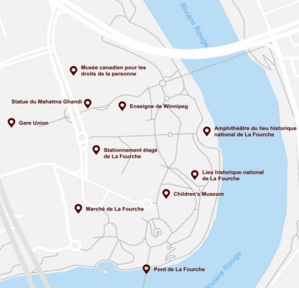 A detailed map of The Forks area in Winnipeg highlights various landmarks including the Canadian Museum for Human Rights, the Mahatma Gandhi Statue, Union Station, the Winnipeg Sign, Forks Market, Forks Bridge, and the Children's Museum.