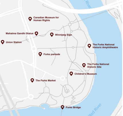 A detailed map of The Forks area in Winnipeg highlights various landmarks including the Canadian Museum for Human Rights, the Mahatma Gandhi Statue, Union Station, the Winnipeg Sign, Forks Market, Forks Bridge, and the Children's Museum.