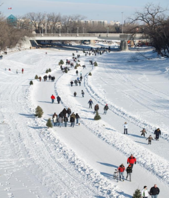 A winter scene shows people skating and walking on a snow-covered river trail at The Forks in Winnipeg, with trees and a bridge in the background.