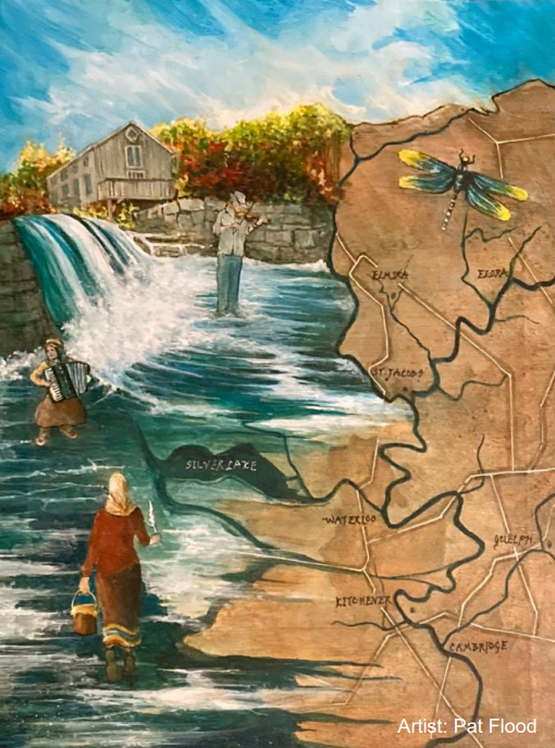 A painting shows a waterfall with musicians playing a violin and accordion, a person walking in water, a map with a dragonfly, and towns labeled, with the artist credited as Pat Flood.