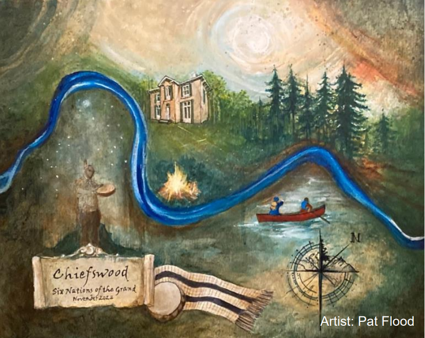 A painting depicts a landscape featuring a river, a house labeled "Chiefswood," a person drumming, a campfire, a canoe with two people, and a compass, with the artist credited as Pat Flood.